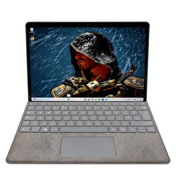 Microsoft Surface Pro 10 with grey detachable keyboard and kickstand